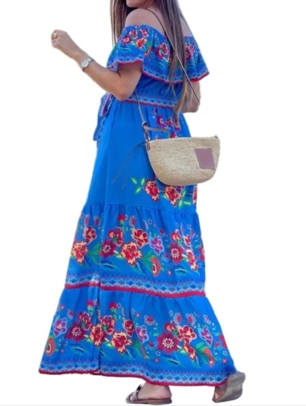 Floral Ruffle Off Shoulder Belted Elastic Waist Retro 70s Tiered Boho Maxi Dress - Picture 3 of 9